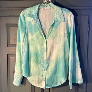 Beautiful ZARA Aqua and White Button-Up Blouse with Bell Sleeves